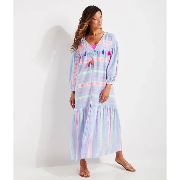 Vineyard Vines Swim Cover Up X Large Maxi Blue Striped Tassels - Picture 1 of 12